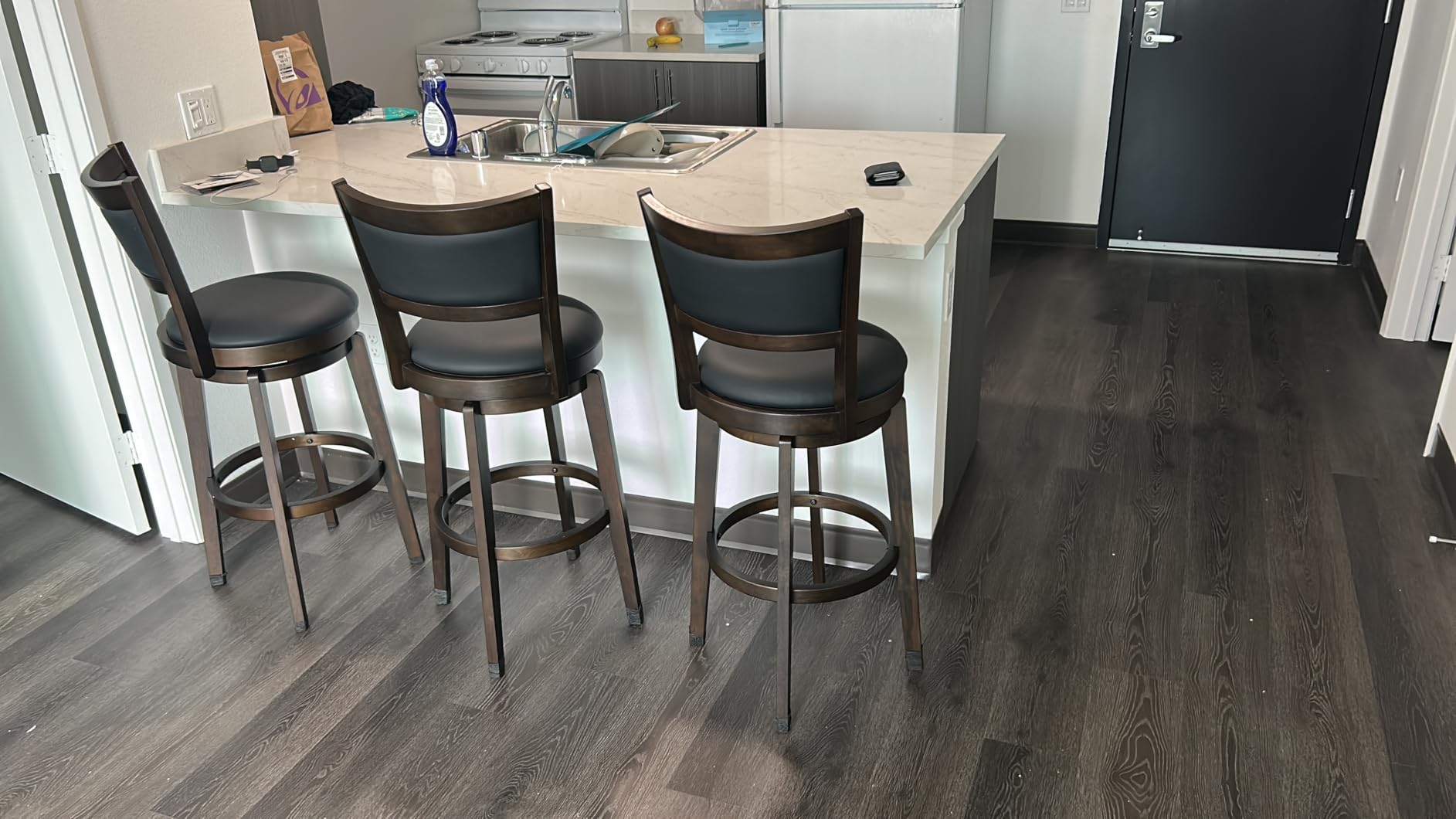 PrimeZone Swivel Bar Stools Set of 3, 26 Inch Counter Height Barstools, Black Faux Leather, High Backrest, Solid Rubberwood Frame, Wrap-around Footrest, Counter Stools for Kitchen Island, Pub customer photo 2