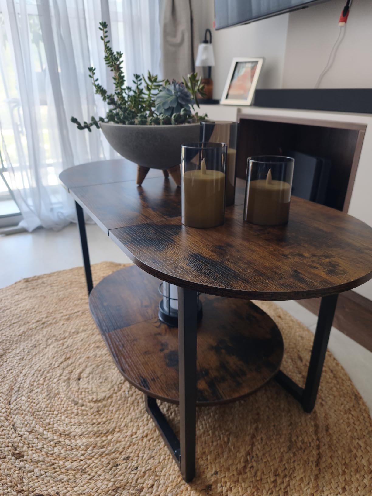 HOOBRO Coffee Table for Living Room, Oval Small Coffee Table with 2-Tier Open Storage Shelf, Industrial Cocktail Tea Table, Wooden Desktop Center Table, Farmhouse, Home Office, Rustic Brown BF09KF01 customer photo 2