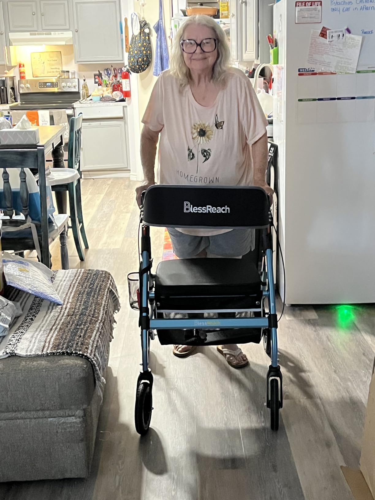 BlessReach Foldable Heavy-Duty Rollator Walkers with Seat for Seniors, Black | Folding Tall walkers for Tall Men Rolling, 400 lb Capacity, 8'' Wheels, 18