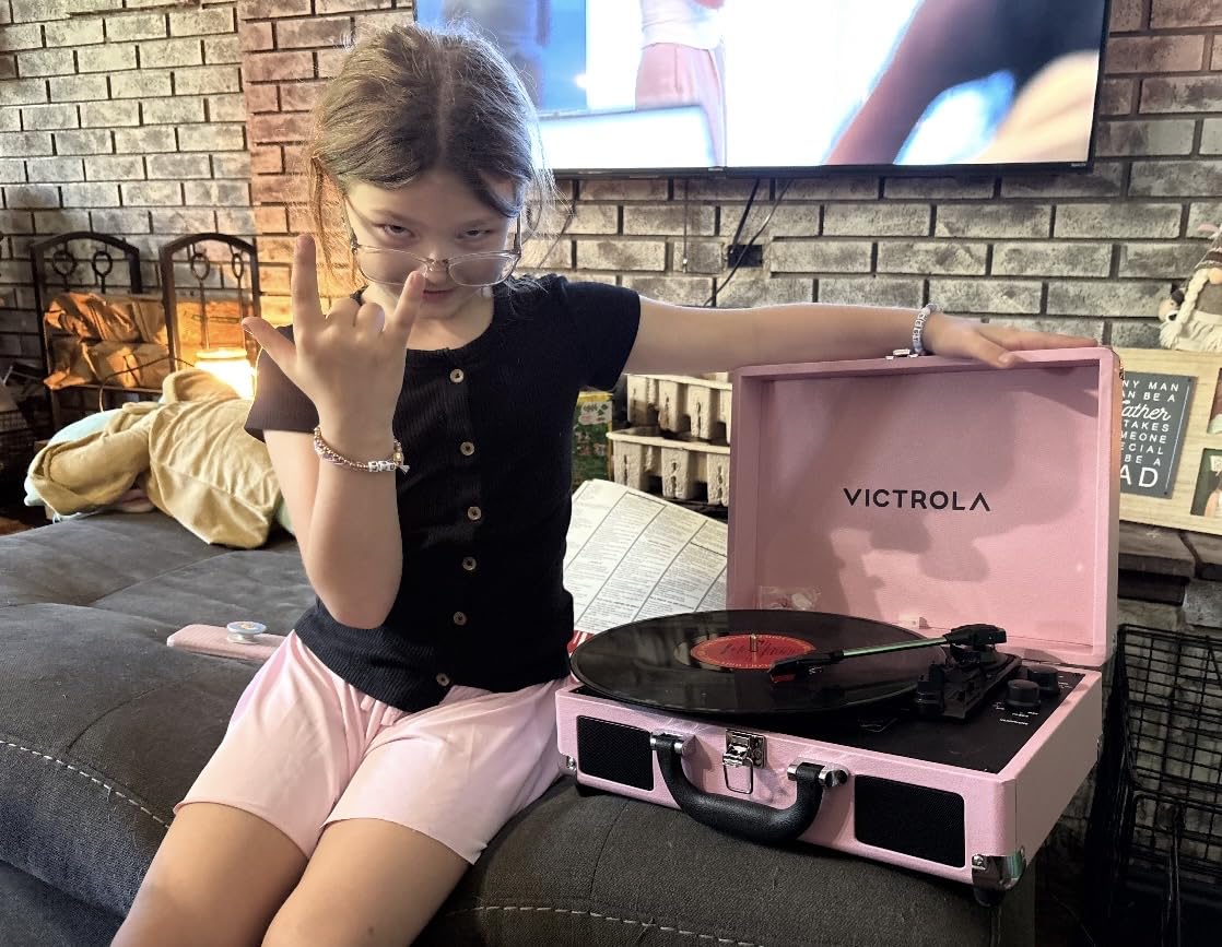Victrola Journey II - Bluetooth Suitcase Record Player - Brown | Built-in stereo speakers, 3-speed turntable plays 7