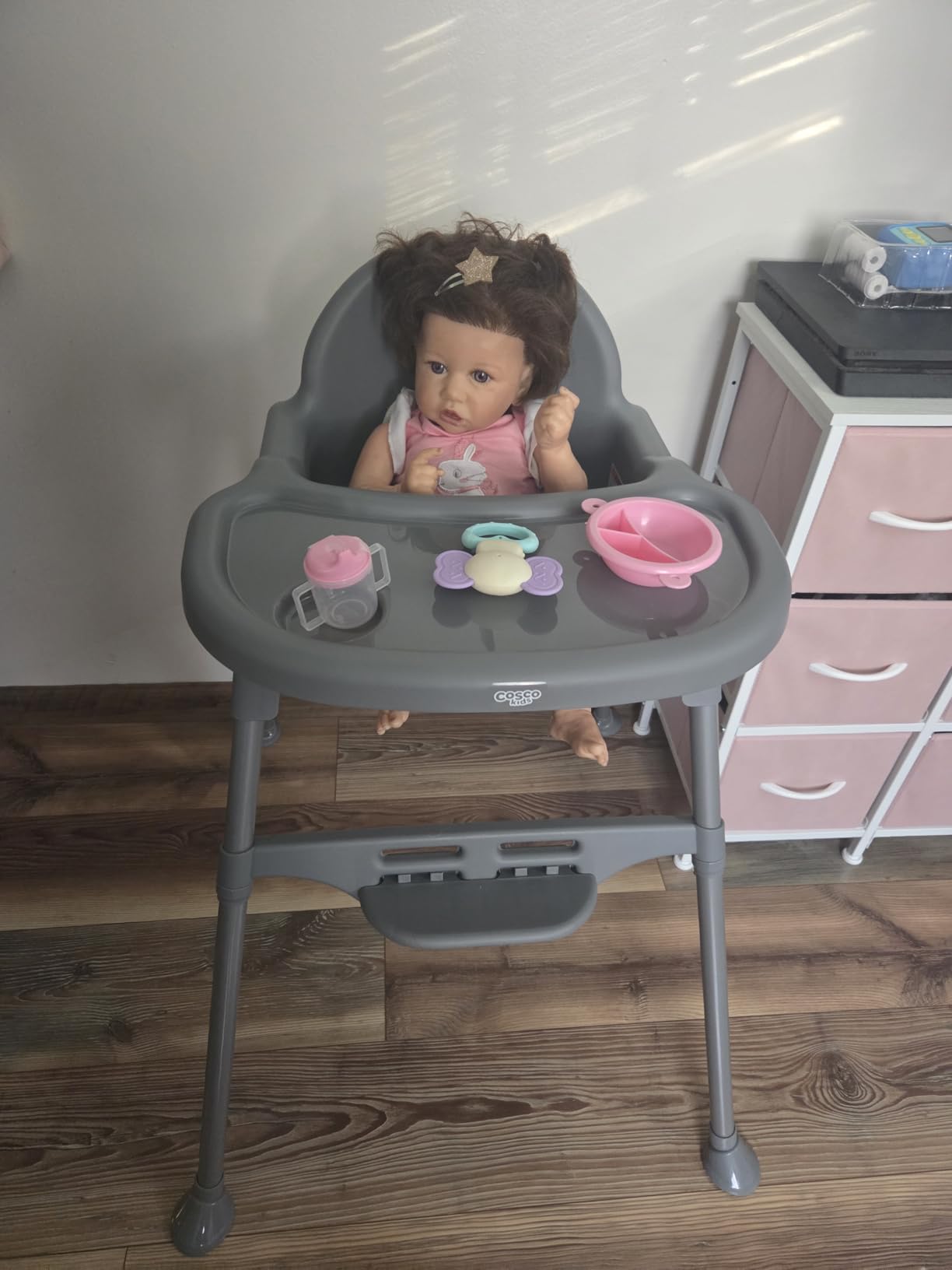 Cosco Kids Canteen High Chair Lightweight Portable Baby Feeding Chair with Adjustable Tray, Easy to Clean, Kitchen or Dining Use, Toddlers Up to 33 lbs, Mono Grey customer photo 1