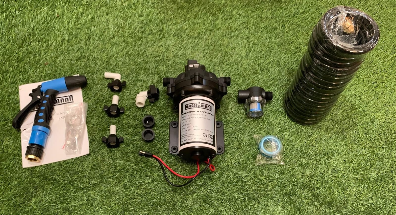WASSERMANN 12V Washdown Pump Kit, 7.5 GPM 80 PSI for Boat Marine RV Garden | 5-chamber self-priming pump; pressure switch; 20 ft coiled hose; spray nozzle; strainer and fittings; freshwater boat/RV use customer photo 1