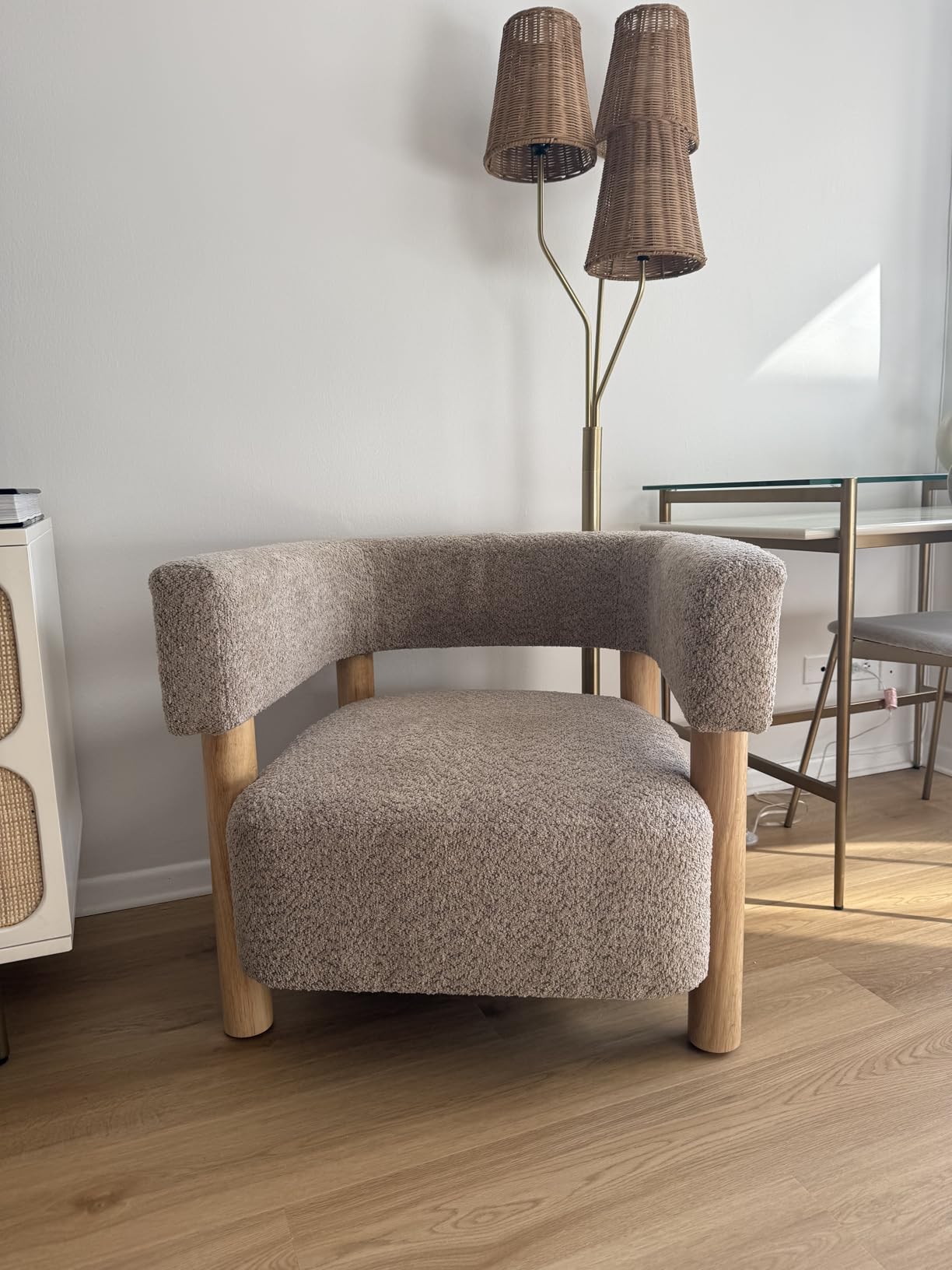 Christopher Knight Home Carly Low Profile Accent Chair, Round Backrest Side Chair, Living Room Armchair with Boucle Fabric Cushion, Comfy Reading Chair for Bedroom, Wooden Single Lounge Sofa, Light Camel customer photo 1