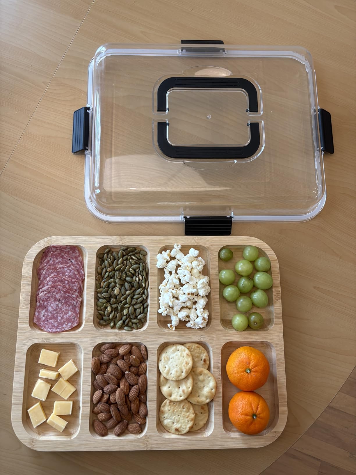 SpaceAid Charcuterie Board with Clear Lid, Portable Travel Cheese Cutting Boards for Picnic Accessories, Bamboo Serving Tray with Lids, House Warming Gifts, Black Handles, 8 Compartments customer photo 1