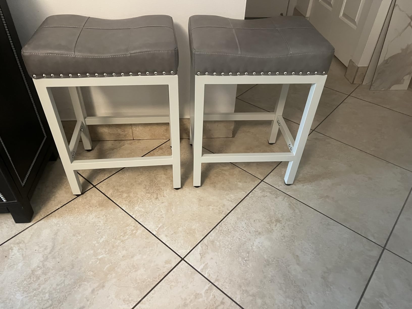 DUMOS 24 Inch Counter Height Bar Stools Set of 2, Kitchen Island, Grey | Backless Saddle Seat, PU Leather, Metal Base, Footrest customer photo 1