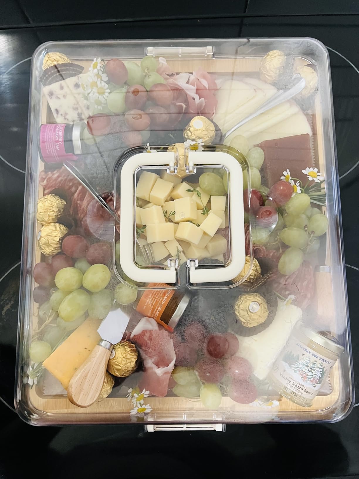 CAWIU Large Charcuterie Board with Lid, Portable Cheese Board & Snack Tray | Bamboo Serving Boards with 4 Cheese Knife Set for Travel, Outdoor, Picnics, House Warming Gift (6 Compartment, White) customer photo 2