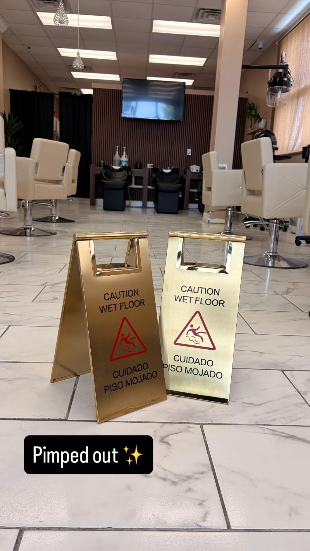 Kigley 2 Pcs Wet Floor Sign, 17 Inch Stainless Steel Caution Wet Floor Sign Double Sided Portable Foldable Bilingual Safety Warning (Gold) customer photo 2