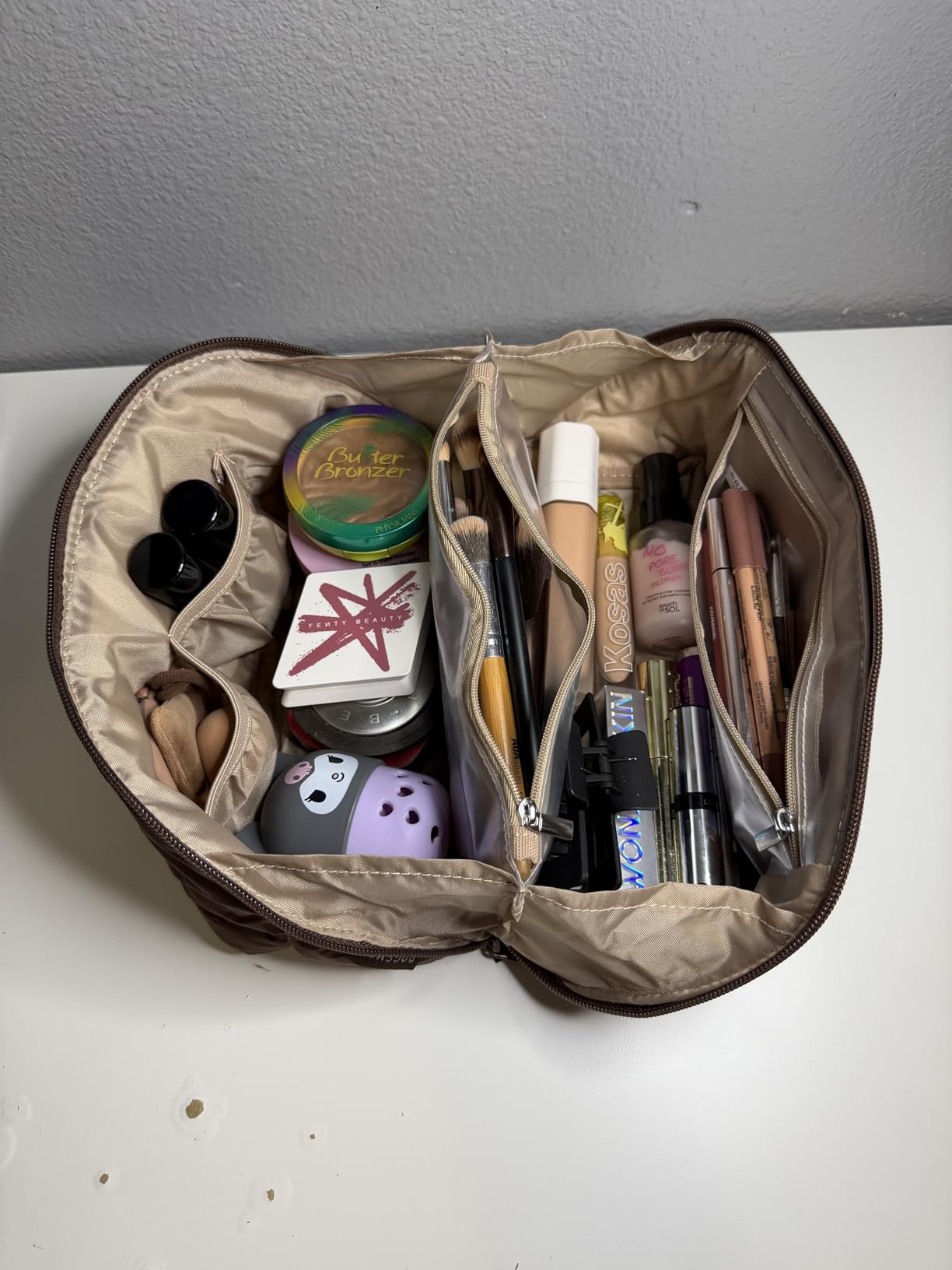BAGSMART Puffy Travel Makeup Bag Toiletry Bag for Women, Brown | Open Flat, Portable, Make Up Organizer, Water-resistant, Puffy Padded, For Toiletries, Brushes customer photo 2