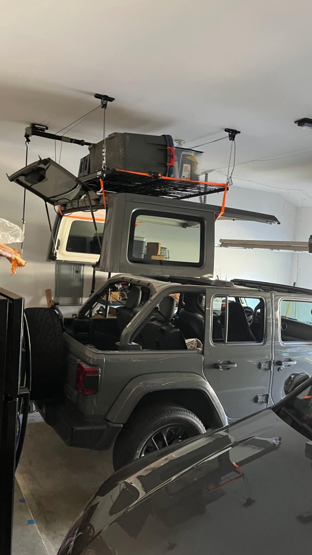 FLEXIMOUNTS Overhead Garage Storage Rack Lift, 4x4 Ft Heavy-Duty Garage Ceiling Storage Racks, Adjustable Organization System With 71'' L Axle, 350lbs Load Capacity, Flat Black customer photo 1