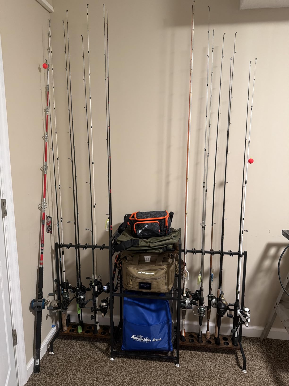 SOYEEZE Fishing Rod Holder for 28 Rods, Ground Stand Fishing Pole Holders for Garage, 3-Sided Vertical Fish Rod Rack for Tackle Box, Fishing Supplies,a Display Fish Gear Storage Gift for Man customer photo 2