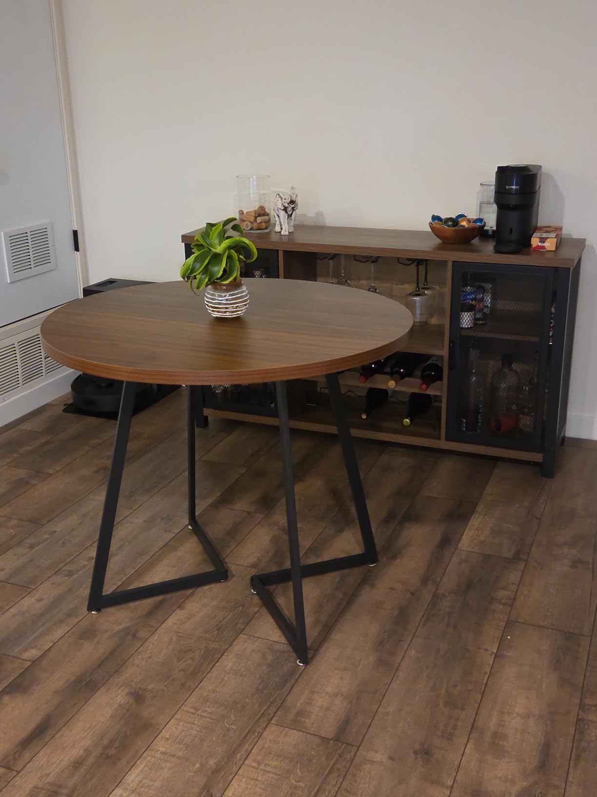 VECELO Round Dining Room Table with Wood Grain Tabletop and Steel Frame, for Kitchen, Living Room, Office, Conference, 2 to 4 Person, Black customer photo 2
