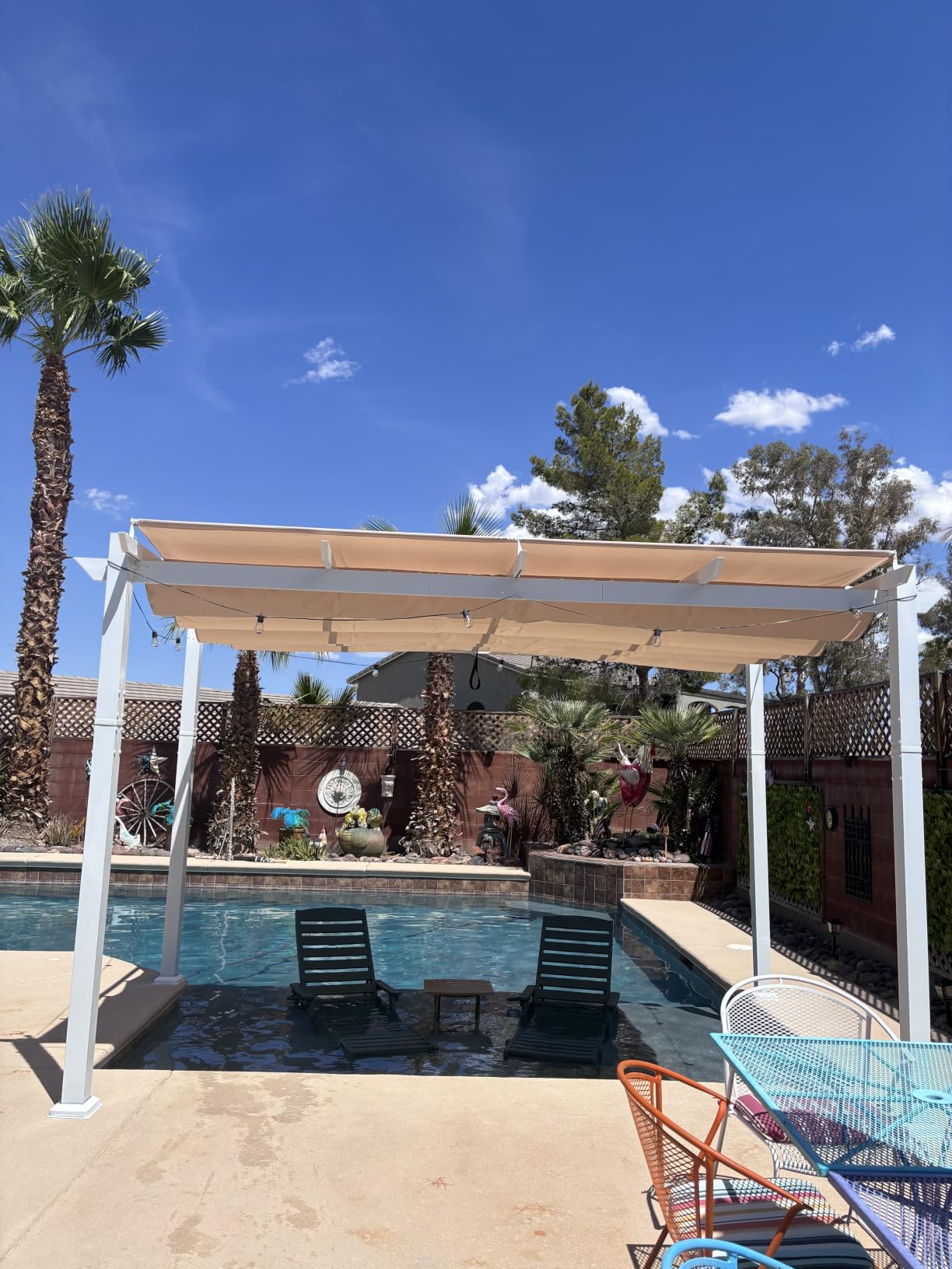 PURPLE LEAF Outdoor White Pergola 10' x 13' w/Double Canopy, Navy Blue | Extra roof shields canopy, aluminum frame stays strong, 230GSM fabric blocks harsh sun, retractable canopy controls shade customer photo 1