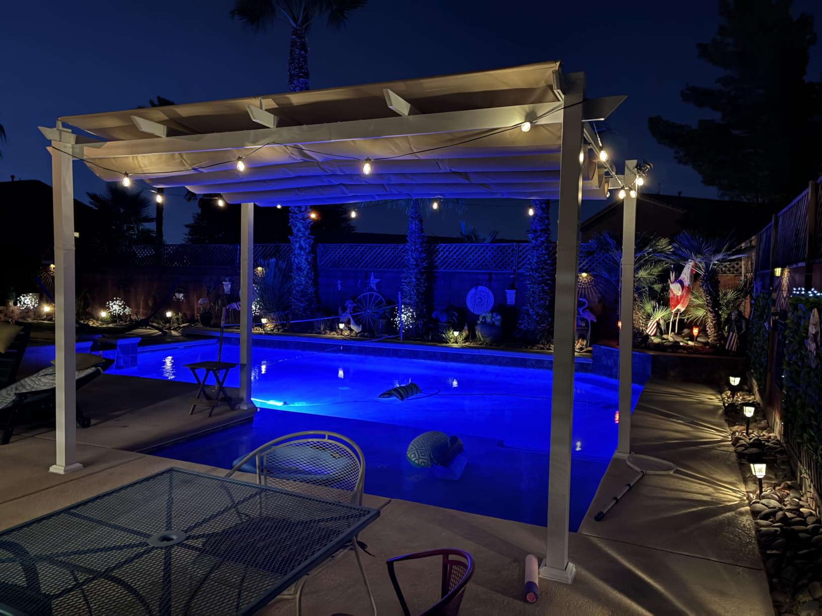 PURPLE LEAF Outdoor White Pergola 10' x 13' w/Double Canopy, Navy Blue | Extra roof shields canopy, aluminum frame stays strong, 230GSM fabric blocks harsh sun, retractable canopy controls shade customer photo 2