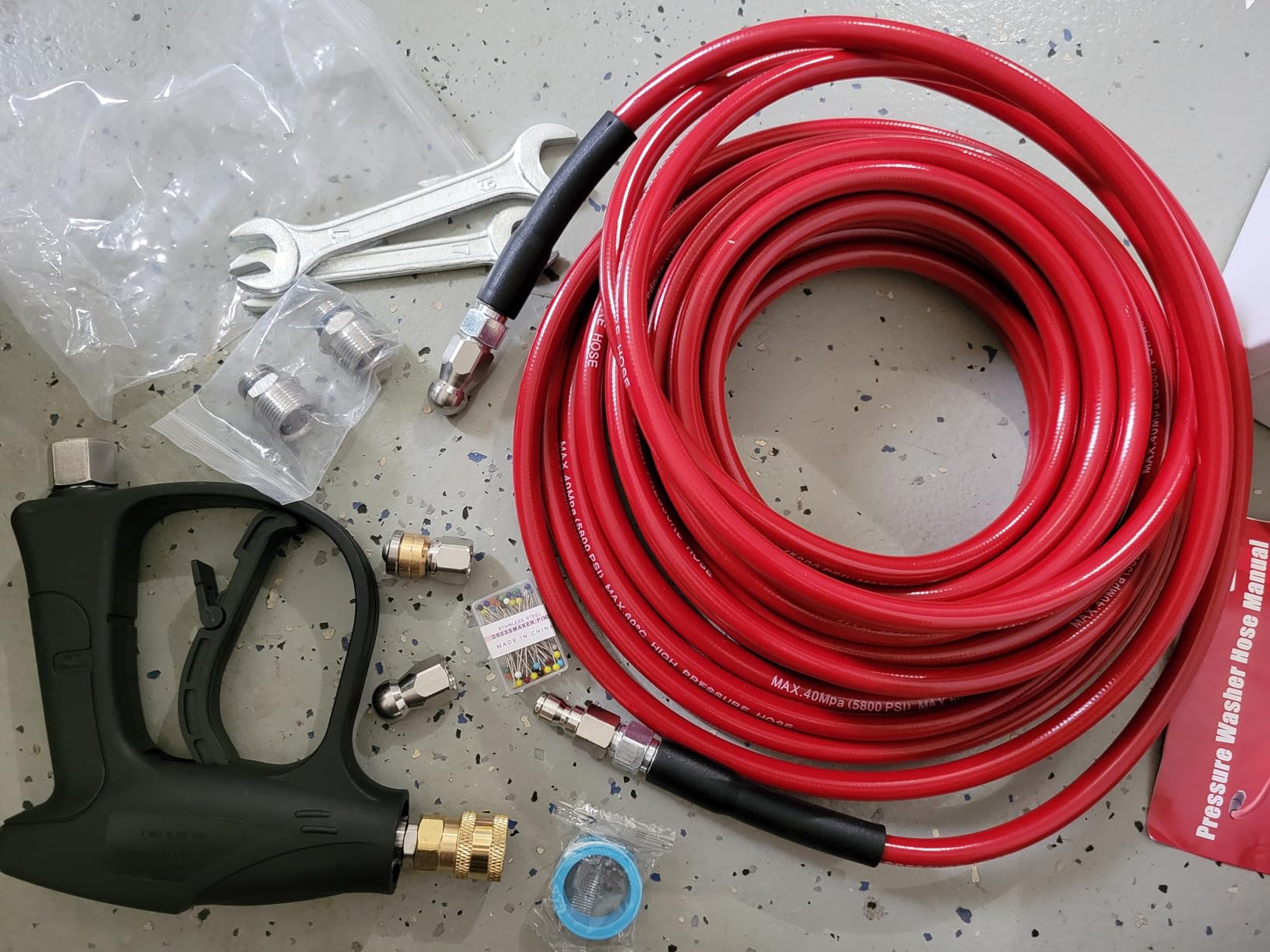 Sewer Jetter Kit for Pressure Washer 50 FT, Drain Cleaner Hose with Power Washer Gun, 1/4 Inch NPT Corner, Rotating and Button Nose Sewer Jetting Nozzle, Waterproof Tape, Pearl Corsage Pin, Spanner customer photo 1