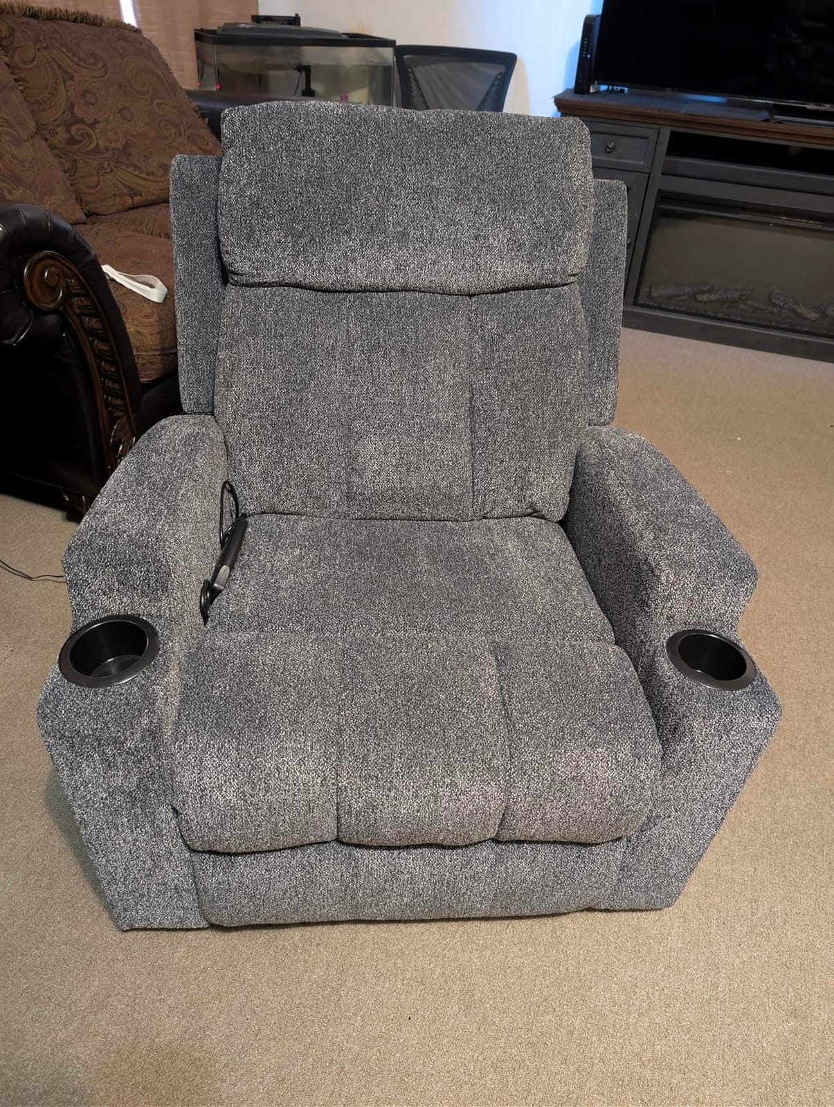 CANMOV Manual Recliner Chair with Massage and Heat, Soft Fabric Recliner Chair with Overstuffed Arm and Back, Manual Reclining Single Sofa with 2 Cup Holders, Side Pocket for Living Room, Dark Grey customer photo 1