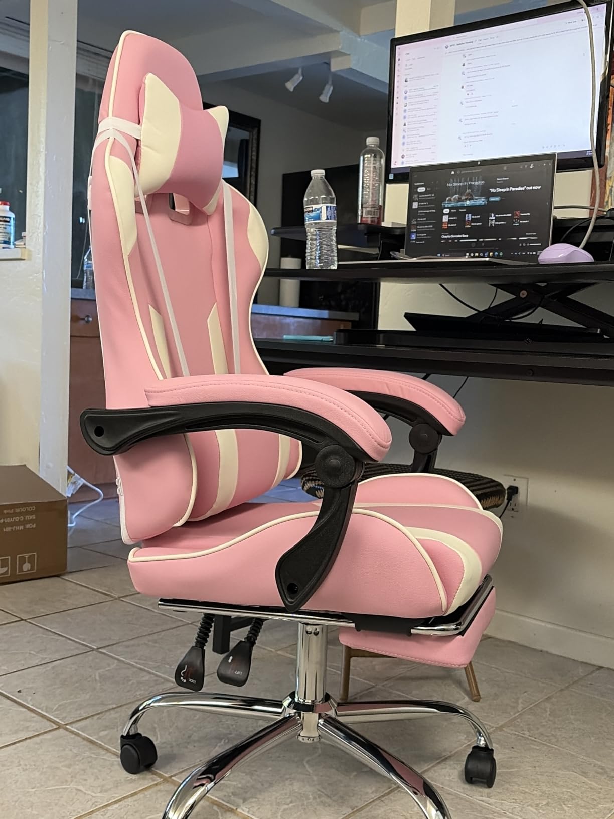 DUMOS Ergonomic Gaming Chair with Footrest, Home Office Desk Chair | PU Leather, Headrest, Linkage Armrests, Height Adjustable, 360 Swivel Reclining, Black Grey customer photo 2
