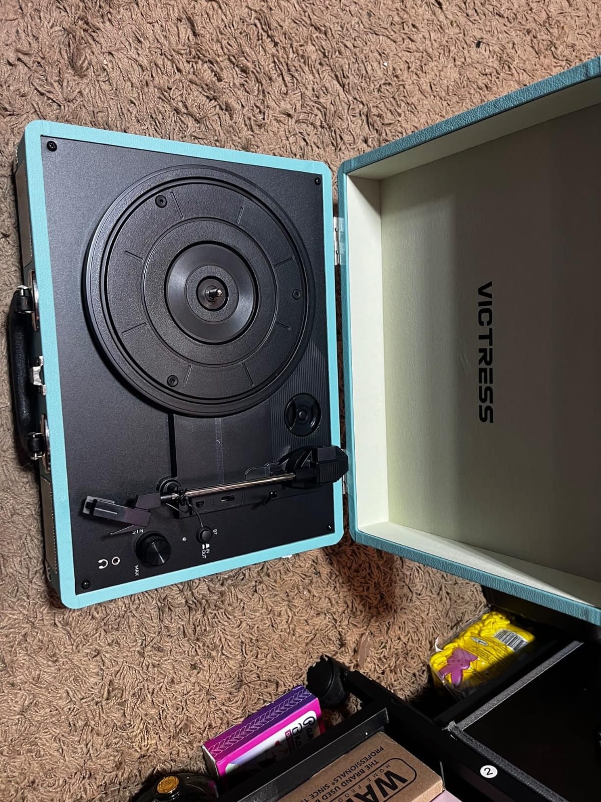 Suitcase Record Player, Portable Vinyl Record Player Bluetooth with Stereo Speakers, 3-Speed Turntable, USB to Digital Recording, RCA/AUX/Headphone Jack, Retro Gift Vinyl Player, Soft Purple customer photo 1