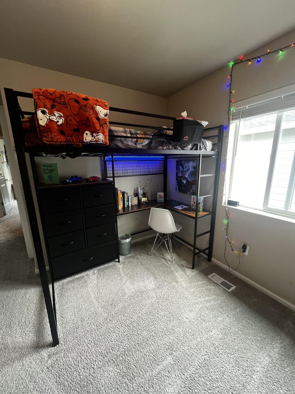 DICTAC Full Loft Bed with L-Shaped Desk and 7 Storage Drawers, Metal Full Size Loft Bed for Teen with LED Lights and Charging Station, 13.11