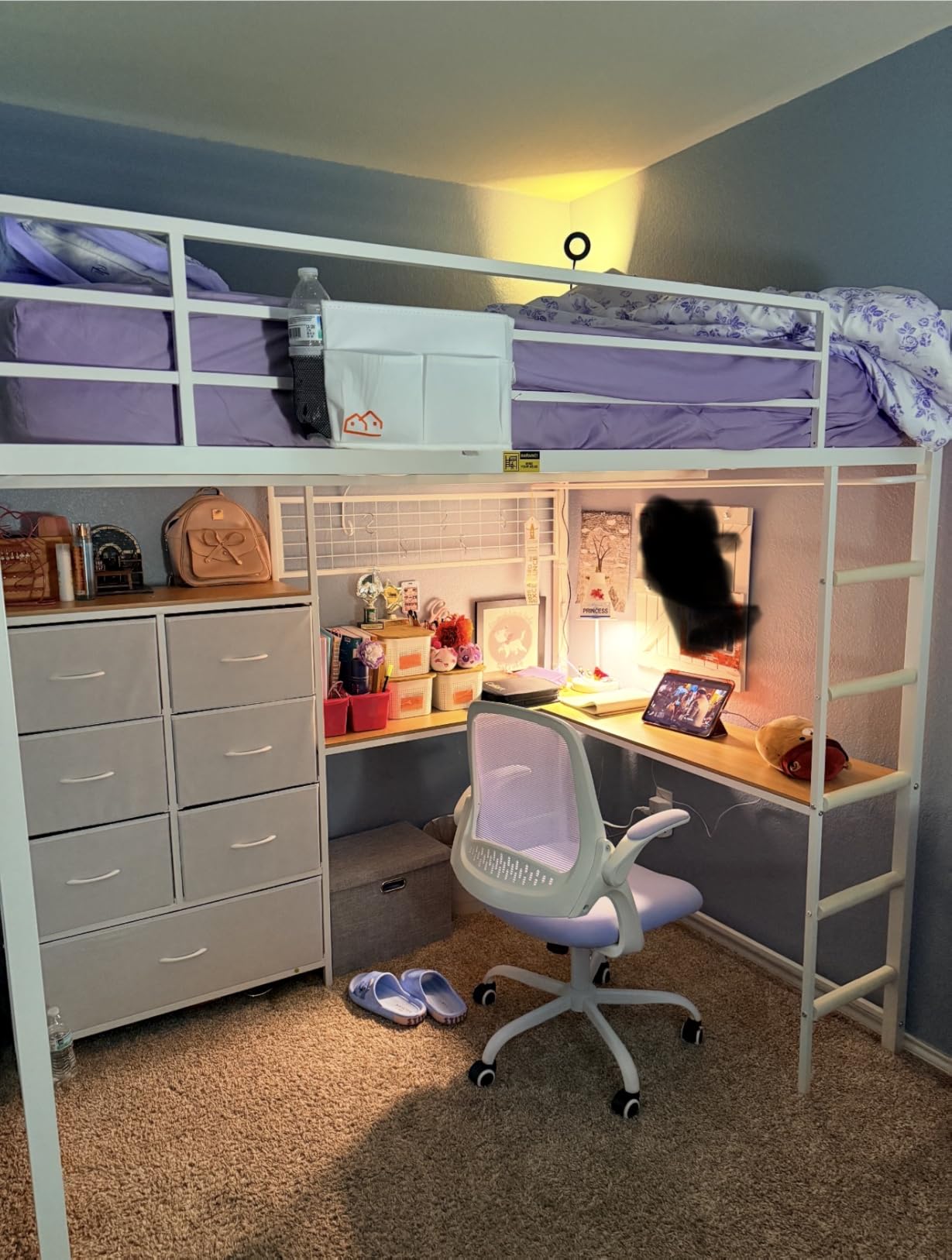 DICTAC Full Loft Bed with L-Shaped Desk and 7 Storage Drawers, Metal Full Size Loft Bed for Teen with LED Lights and Charging Station, 13.11