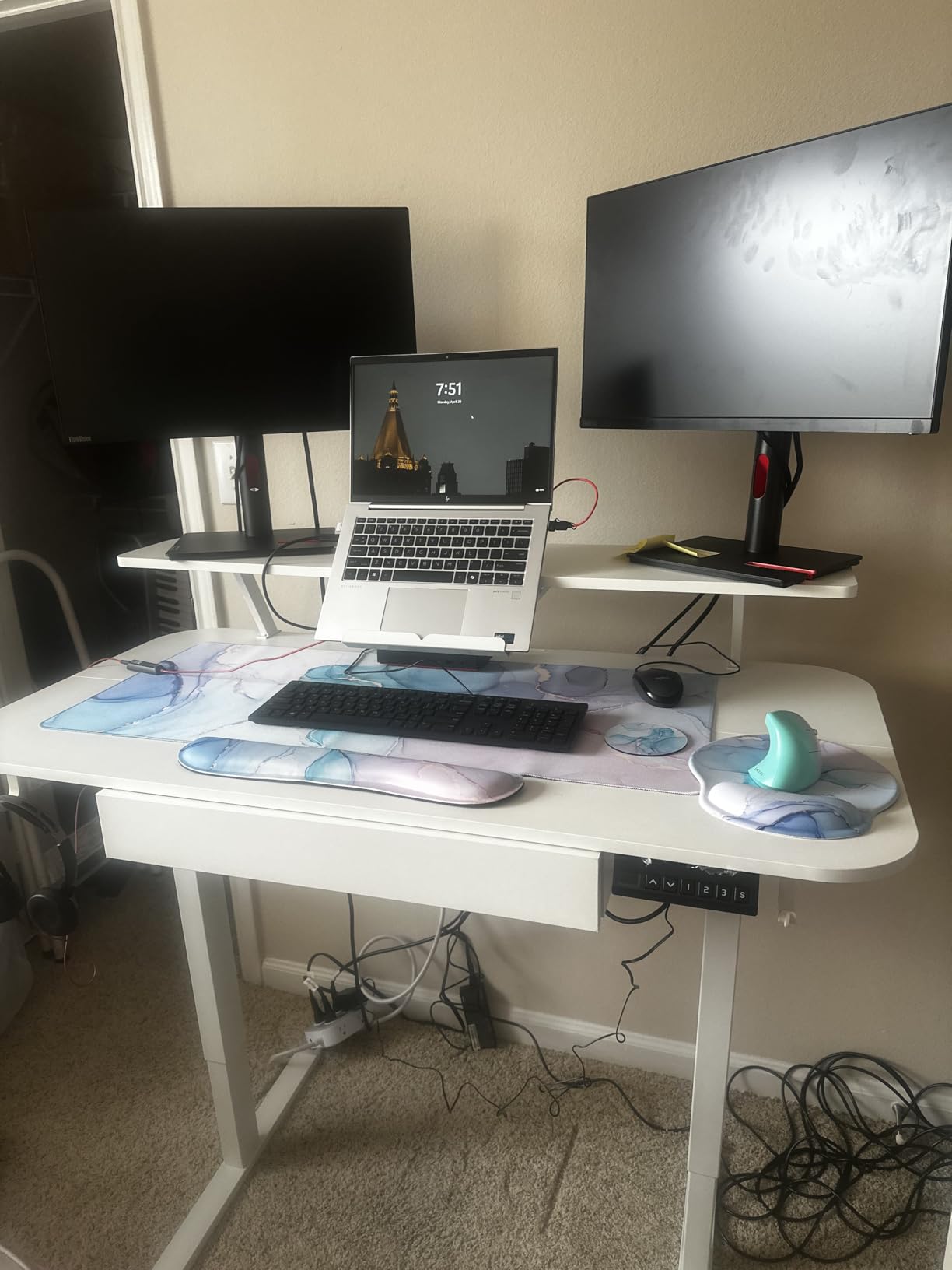 GTPLAYER Electric Standing Desk with Drawers, 48 x 24 Inches Height Adjustable Computer Desk with Monitor Stand, Laptop Stand, Sit Stand up Desk with Memory Preset for Home, Office, White customer photo 1
