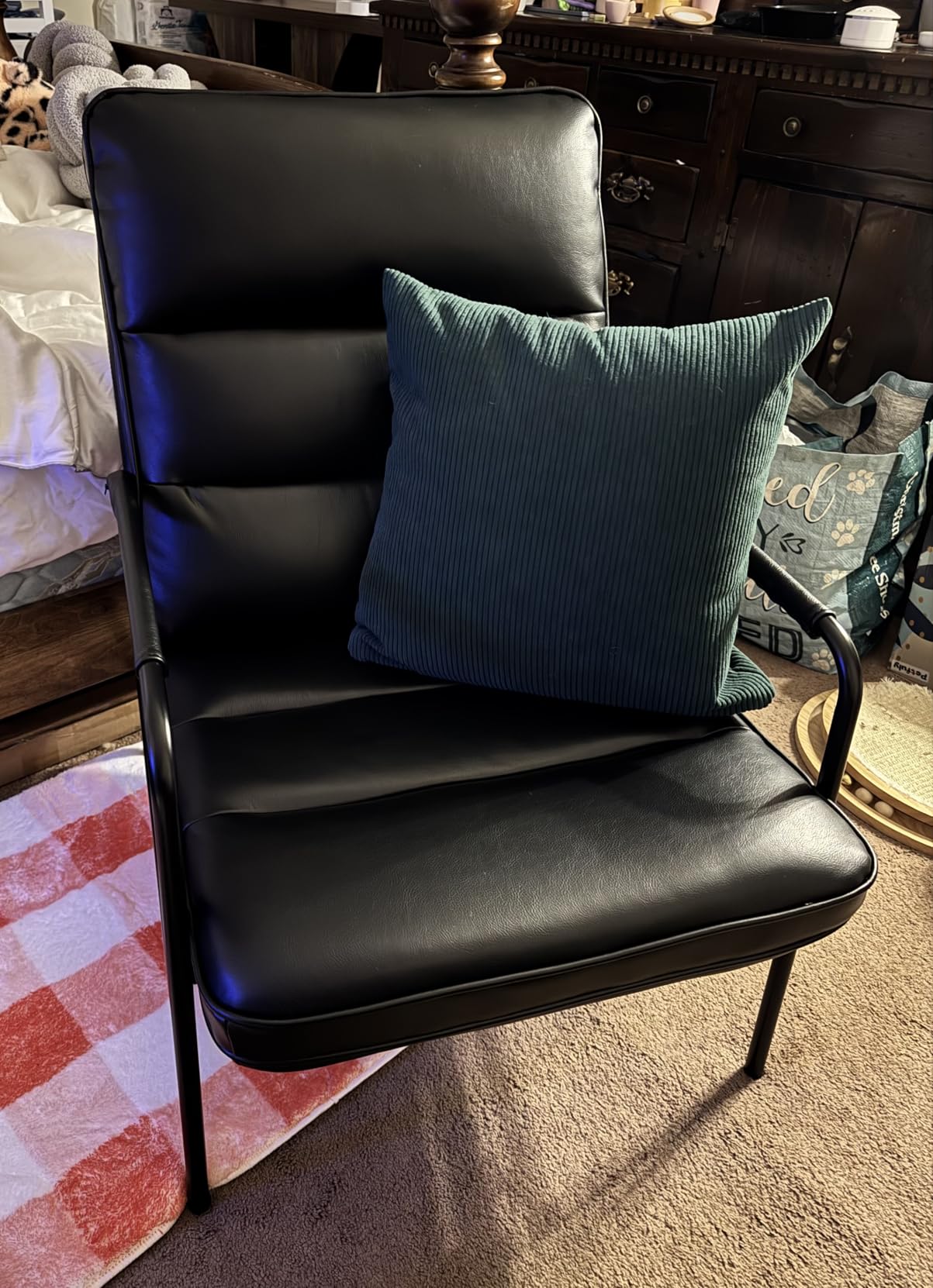 PU Leather High Back Accent Chair, Metal Frame Armchair, Black | Ergonomic Back Comfort, Padded PU Leather Seat, Easy Clean Surface, Supportive Armrests, Ideal for Reading & Relaxing customer photo 1