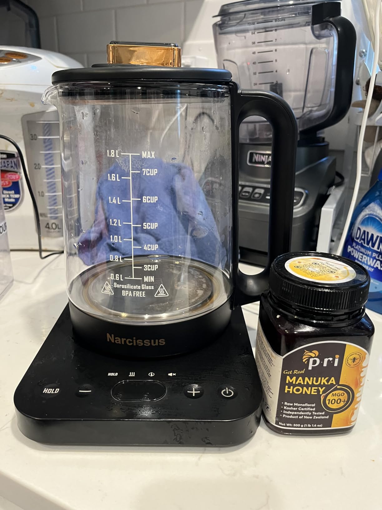 1.8L Multifunctional Glass Kettle, 110V 800W, White, with Strainer and Egg Steamer, 12-Mode Maker for Herbal Tea, Coffee, and Soup customer photo 1