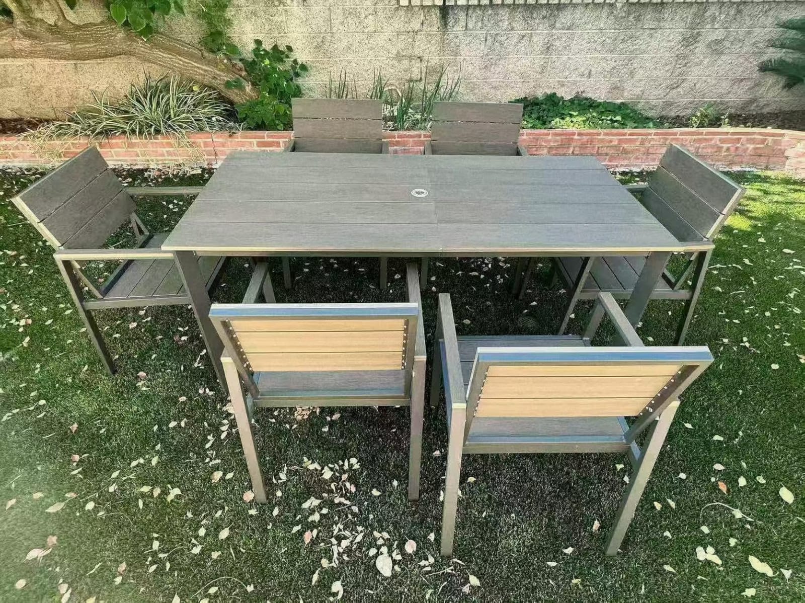 Outdoor Dining Set, Aluminum Patio HDPS Outdoor Table and Chairs Set with Umbrella Hole, All Weather Patio Furniture Set, Patio Dining Table Set, Gray & Teak, 7 Pieces customer photo 1