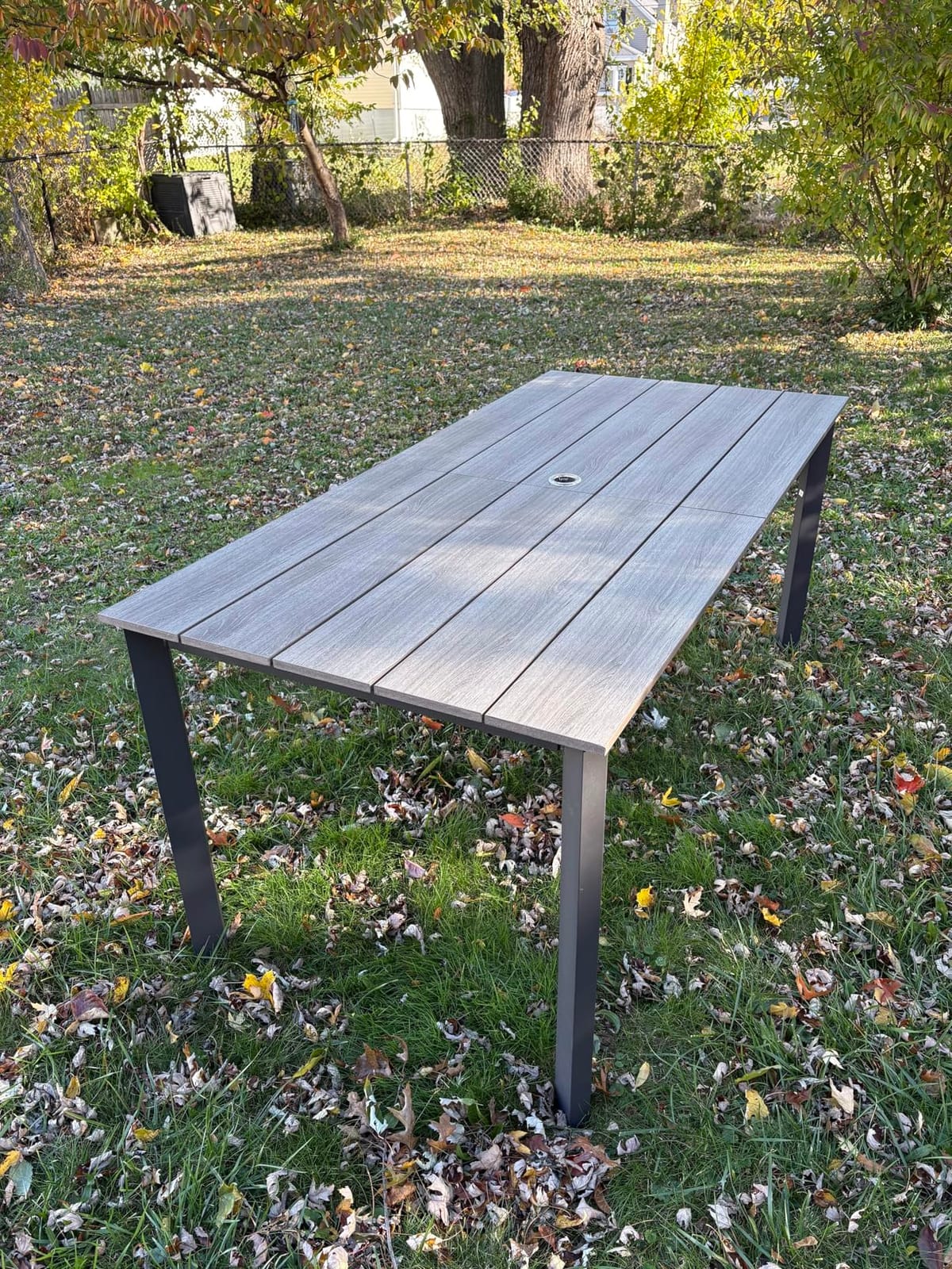 Outdoor Dining Set, Aluminum Patio HDPS Outdoor Table and Chairs Set with Umbrella Hole, All Weather Patio Furniture Set, Patio Dining Table Set, Gray & Teak, 7 Pieces customer photo 2