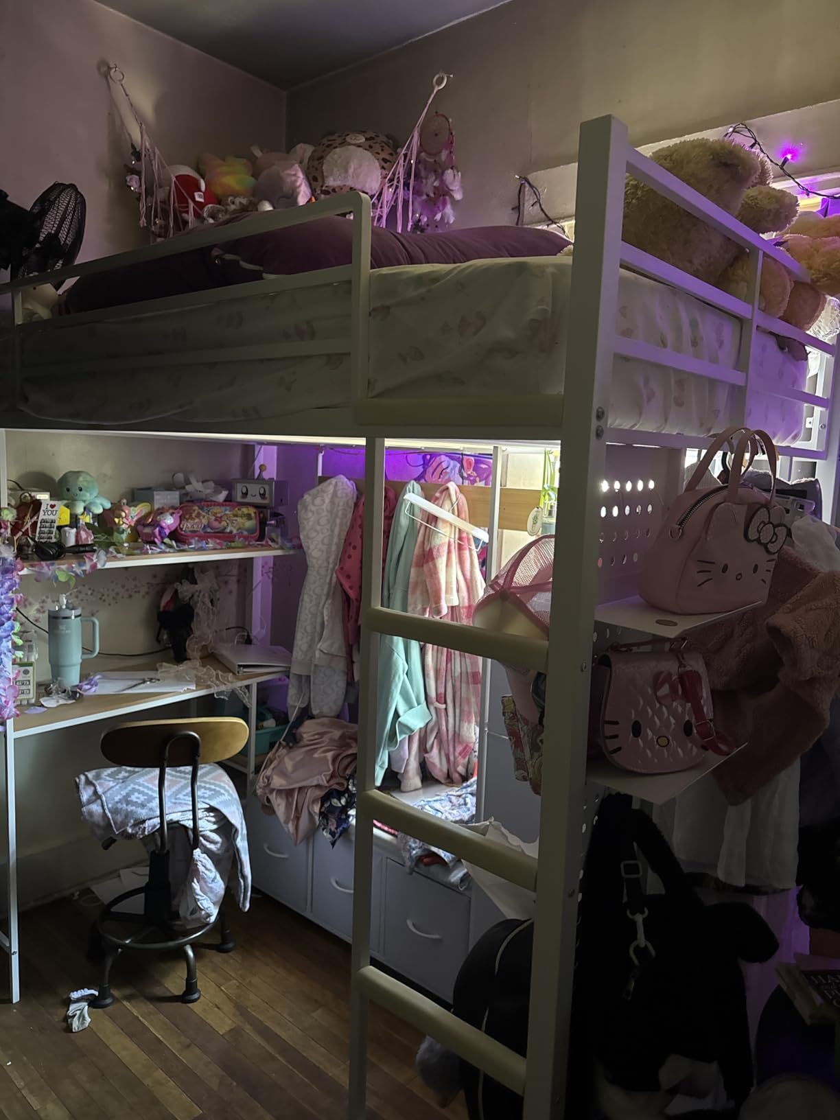 DICTAC Twin Loft Bed with 6 Storage Drawers, Coat Rack and Open Shelves Metal Twin Size Loft Bed with Desk, Charging Station and LED Light, Loft Beds with Large Pegboard, Stairs and Safety Guardrail, White customer photo 1