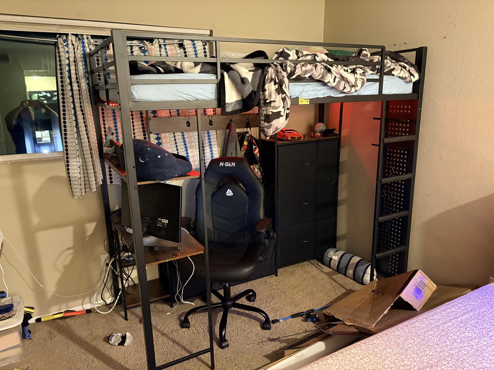 DICTAC Twin Loft Bed with 6 Storage Drawers, Coat Rack and Open Shelves Metal Twin Size Loft Bed with Desk, Charging Station and LED Light, Loft Beds with Large Pegboard, Stairs and Safety Guardrail, White customer photo 2