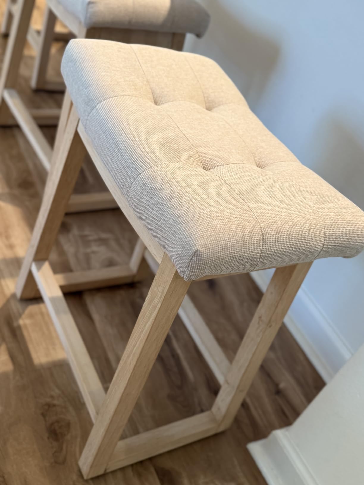 Counter Height Bar Stool, 24 Inch Backless Upholstered Bar Stool with Wood Legs, Modern Farmhouse Saddle Stool, Beige Fabric customer photo 2