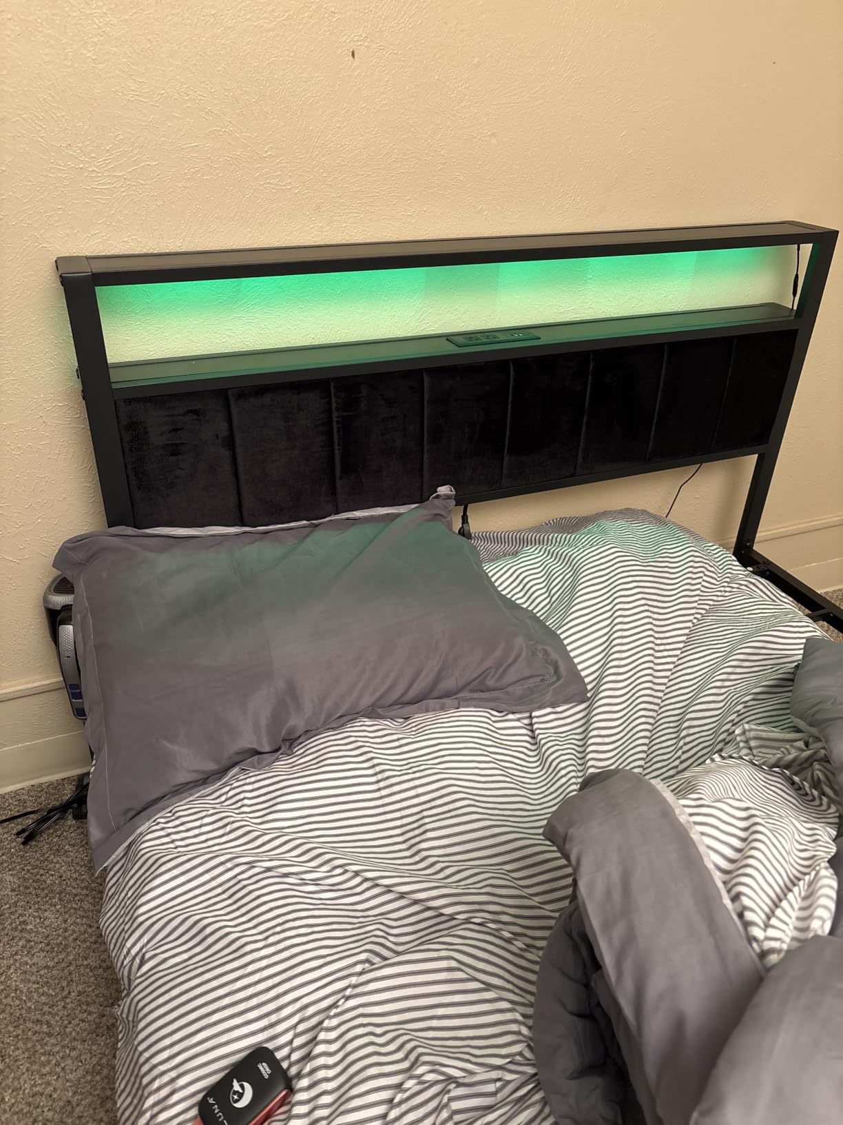 OLEVS King Bed Frame with Charging Station & LED Lights, Modern Platform Bed with Upholstered Storage Headboard, No Box Spring Needed Noise Free customer photo 1