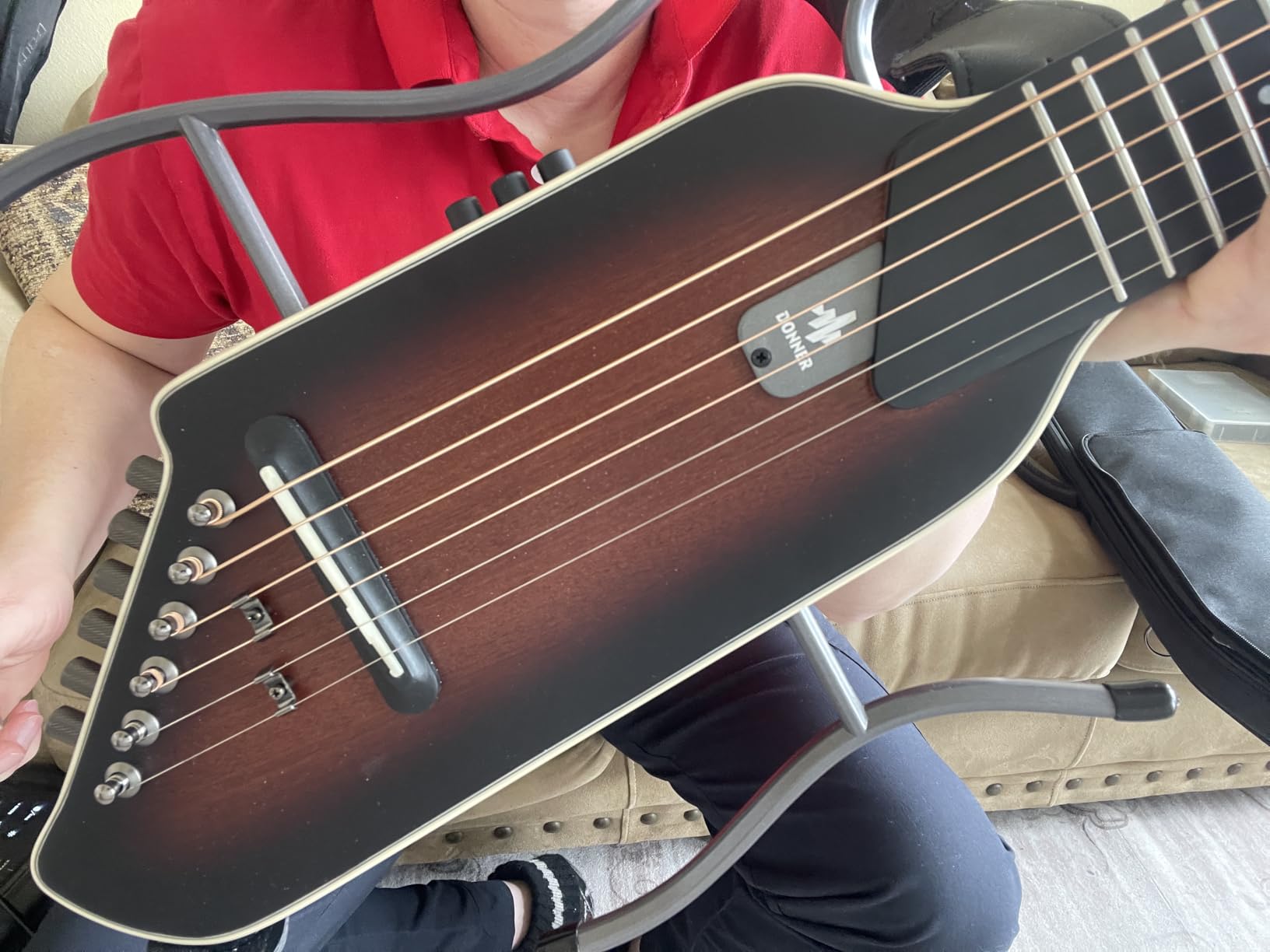 Donner HUSH I EVO2 Acoustic Electric Travel Guitar (Black) | Portable Headless Quiet Practice Guitar, Ultra-Light, Mahogany Body with Built-in Tuner, Detachable Stands & Headphone Jack customer photo 1
