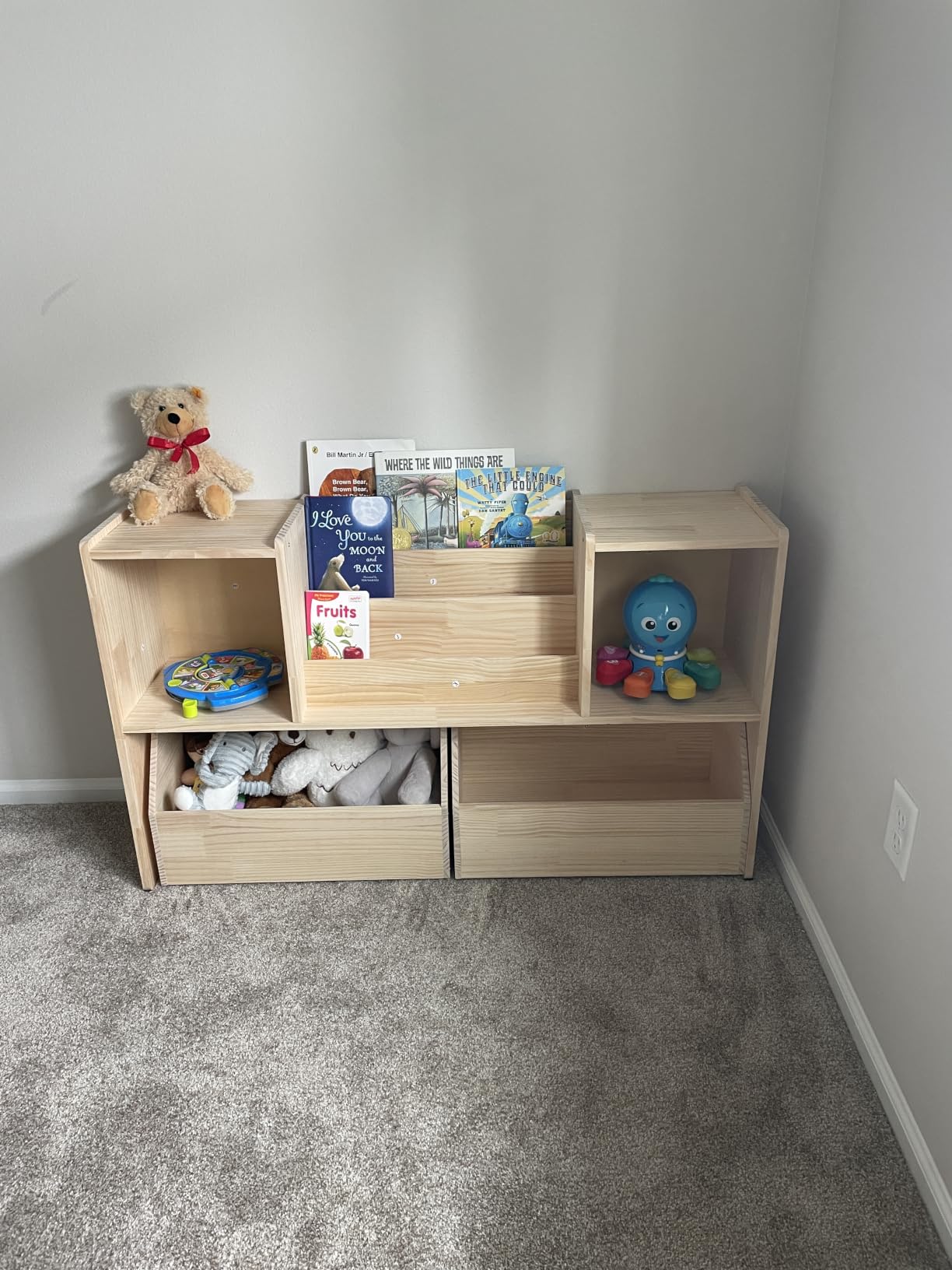EXPERLAM Solid Wood Kids Bookshelf and Toy Storage Organizer, 3-in-1 Montessori Bookcase with Storage Cubbies and 2 Rolling Toy Bins, Toddler Bookshelf for Kids Room, Playroom, Nursery customer photo 2