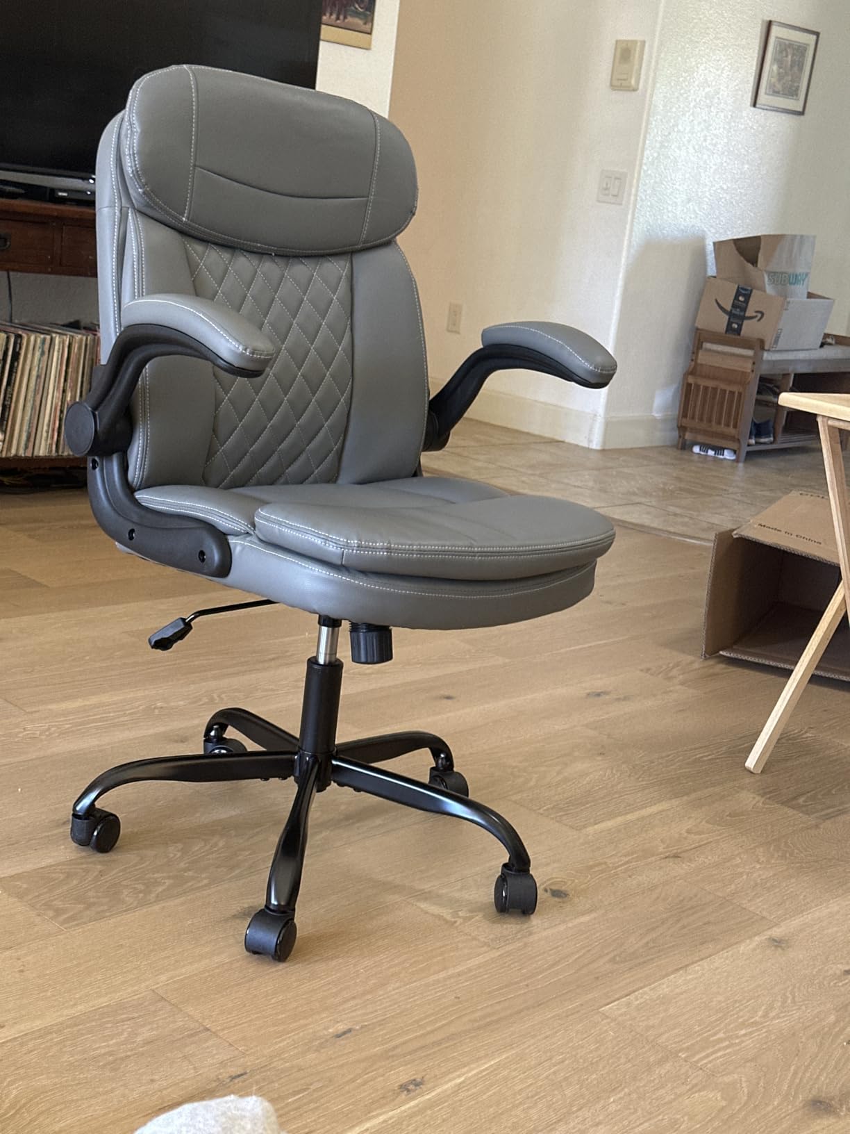 Leather Office Chair, Upgraded PU Computer Desk Chairs with Double-Layer Seat Cushion and Neckrest, 360°Swivel, Ergonomic Small Gaming Chair with Wheels and Adjustable Armrests for Short People, Grey customer photo 2