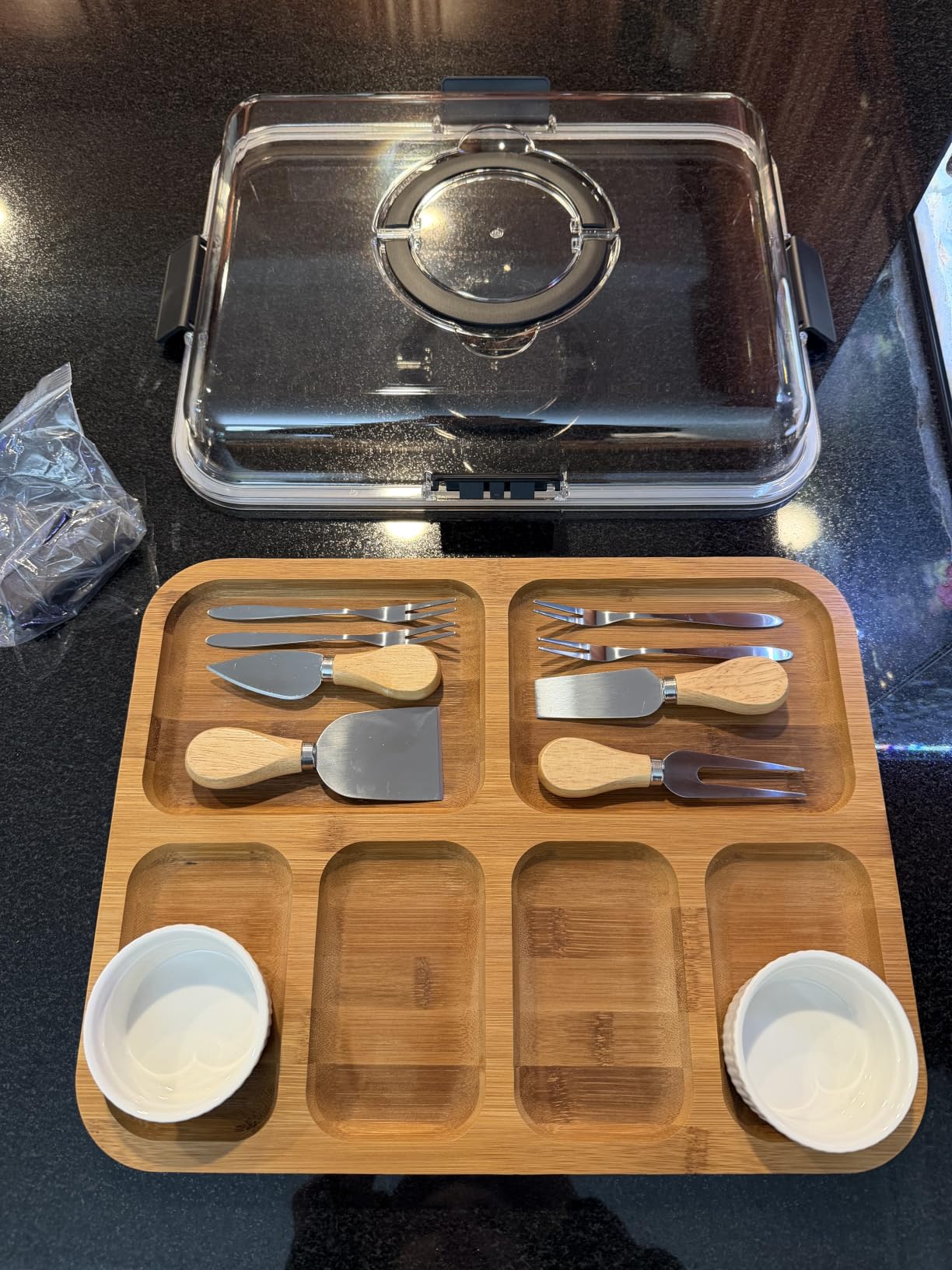Renmxj Charcuterie Board with Lid, Carbonized Bamboo, Knives Set and Bowls | Portable Double-Sided Locking Design, Cheese, veggie & Snack Serving Tray, Great for Picnics & Housewarming Gifts customer photo 1