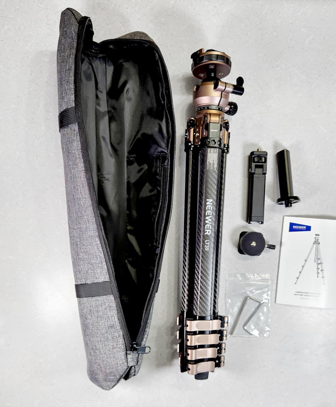NEEWER LITETRIP Carbon Fiber Travel Tripod with Pan Tilt Low Profile Ball Head, 62.4