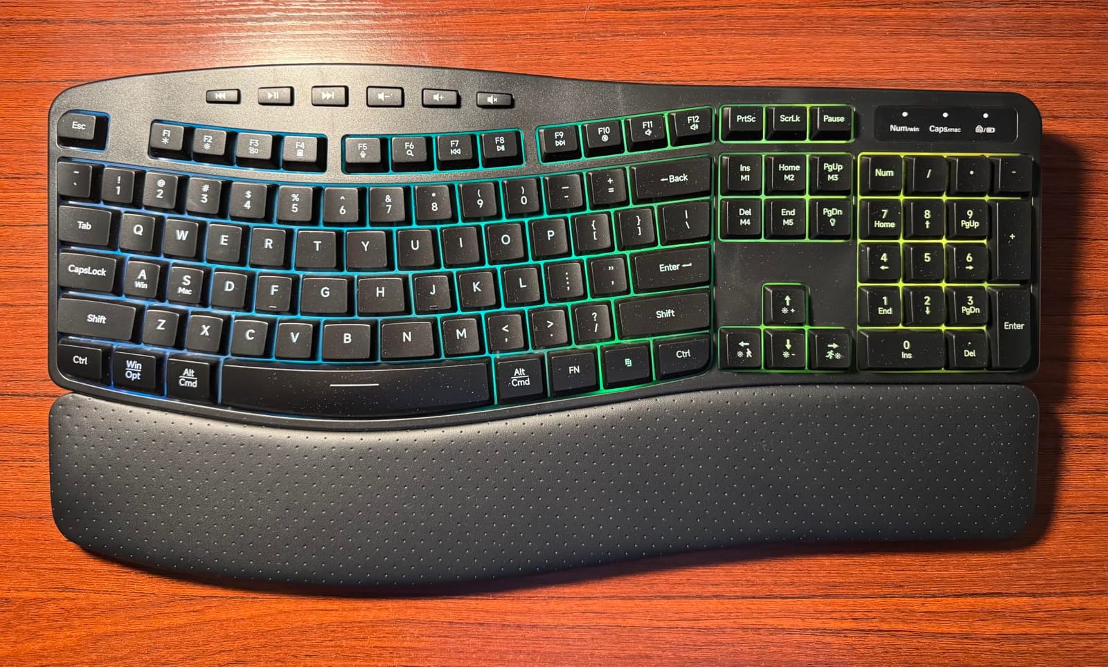 COLIKES Wireless Ergonomic Keyboard, Backlit Keyboard Silent with 15 RGB Lighting Effects, Leather Wrist Rest, 2500mAh Rechargeable, Multimedia Keys, Wave Keyboard for PC Computer Laptop Windows Mac customer photo 2