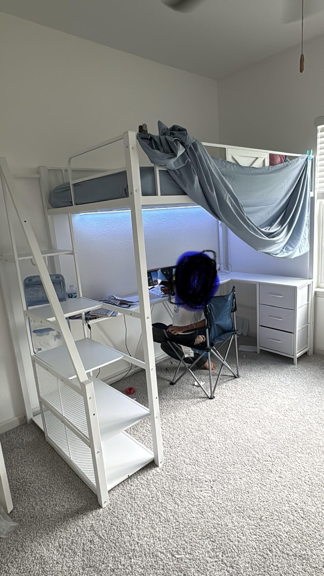 Itaar Full Size Loft Bed with Desk and Storage Stairs, Metal Loft Bed with 6 Storage Drawers, Hall Tree, LED Lights and Power Outlet, for Kids, Teens, Adults, (White, Full) customer photo 2