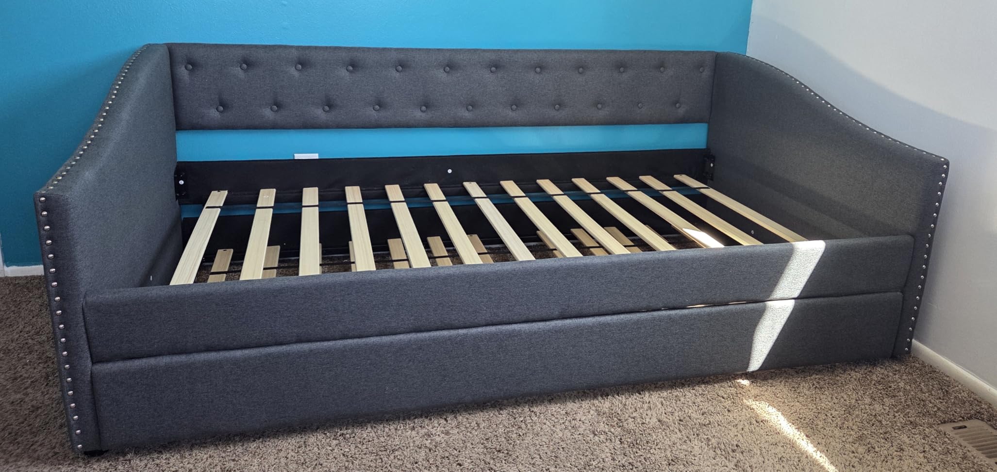 Twin Size Upholstered Daybed with Trundle | Button-Tufted Back, Piping on Waved-Shape Arms, Solid Wood Frame, Easy Assembly for Bedroom or Guest Room customer photo 2