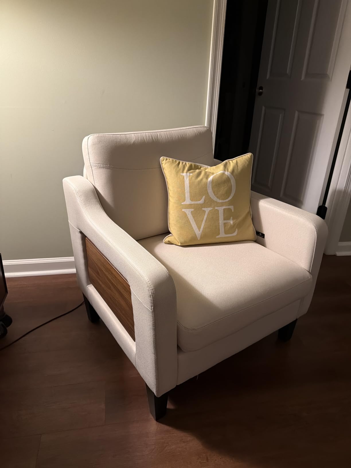 Upholstered Accent Chair with Foldable Side Table for Living Room | 2 Side Pockets, Modern Linen Armchair Wooden Fabric Chairs for Living Room, Comfy Reading for Bedroom/Office customer photo 1