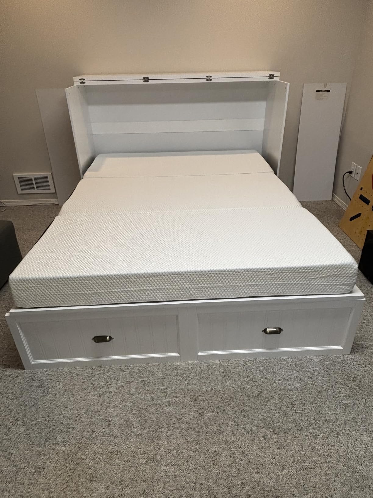 AMERLIFE Queen Size Murphy Bed with Bedside Tables & 3 Storage Drawers | Foldable Cabinet Bed with Charging Station, 3 Storage Shelves, Farmhouse Hideaway Bed, for Bedroom/Office/Guest Room, White customer photo 2