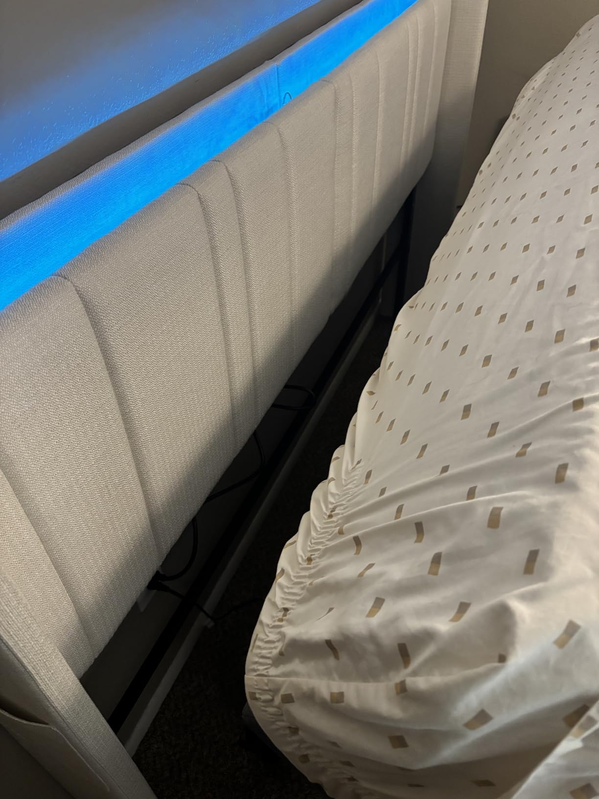 ONBRILL King Size Headboard with Storage, LED Light, Off White | Linen Vertical Wingback Headboard w/ Charging Station, Upholstered Head Board w/ High-Density Foam Padding, 2 Storage Pockets customer photo 2