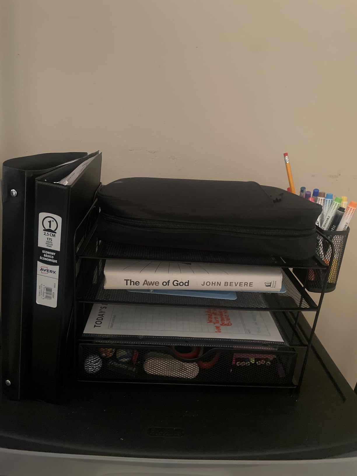 WALI Desk File Organizer, 4 Tier Desktop Paper Letter Tray Organizer with Drawer and 2 Pen Holders, Office Desk Accessories & Workspace Organizers for Office, Home Supplies(DO005DH-B), 1 Pack, Black customer photo 2