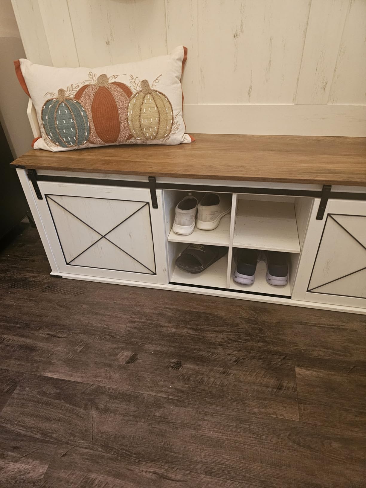 VASAGLE Hall Tree with Bench and Shoe Storage, Coat Rack with Shoe Bench, Entryway Furniture, 3 Tri-Hooks, Door with Handle, Farmhouse Style, Space Saving, Rustic White and Honey Brown UHSR441W01V1 customer photo 1