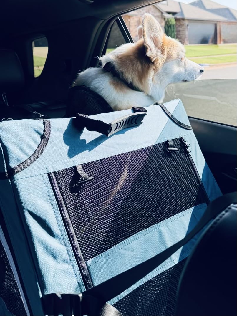 Snagle Paw Dog Car Crate for Back Seat, Portable, Medium, Gray | 3-point seat securement, breathable mesh, feeding windows, folds flat, for road trips, camping and vet visits customer photo 1