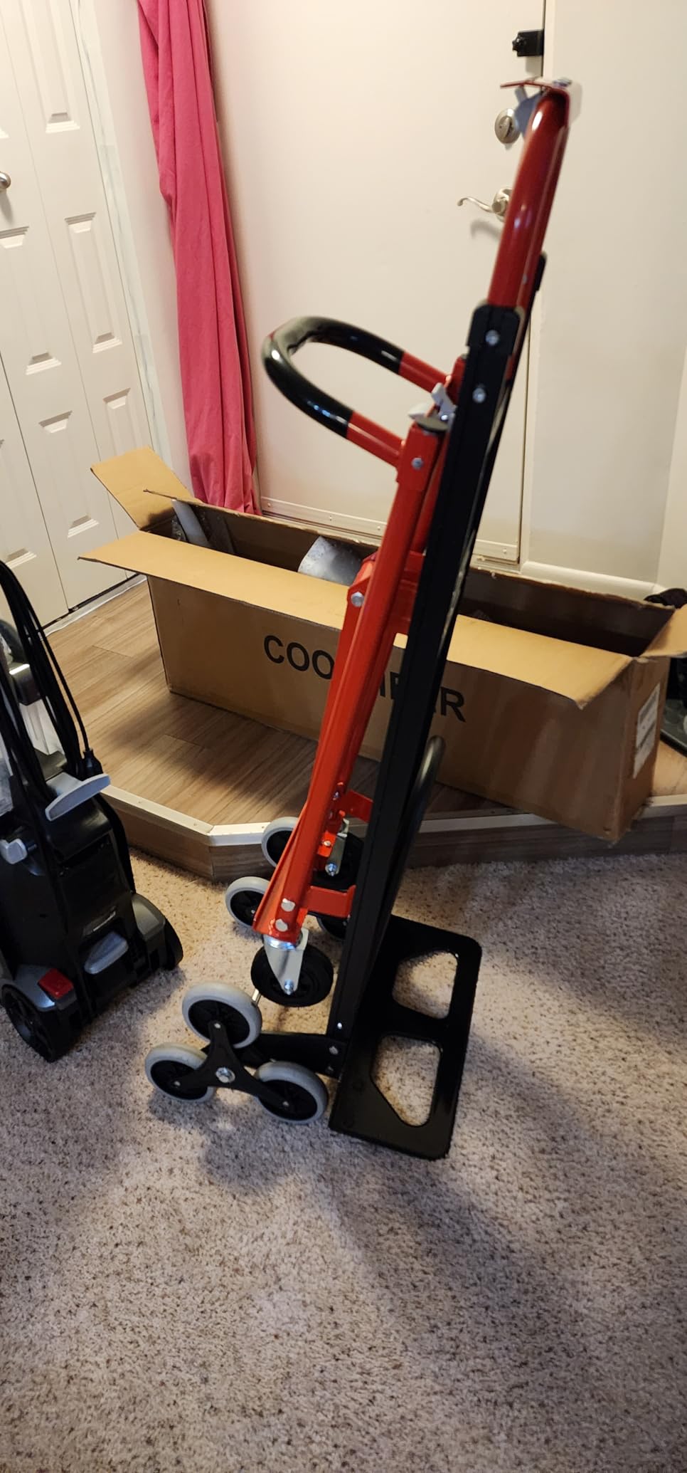 Heavy Duty 1000LBS Stair Climbing Dolly, 3 in 1 Convertible Hand Truck, Red | Aluminum Foldable Cart with Solid Rubber Tri-Wheels, Loop Handle and 2 Bungee Cords for Moving, Travel and Office customer photo 2