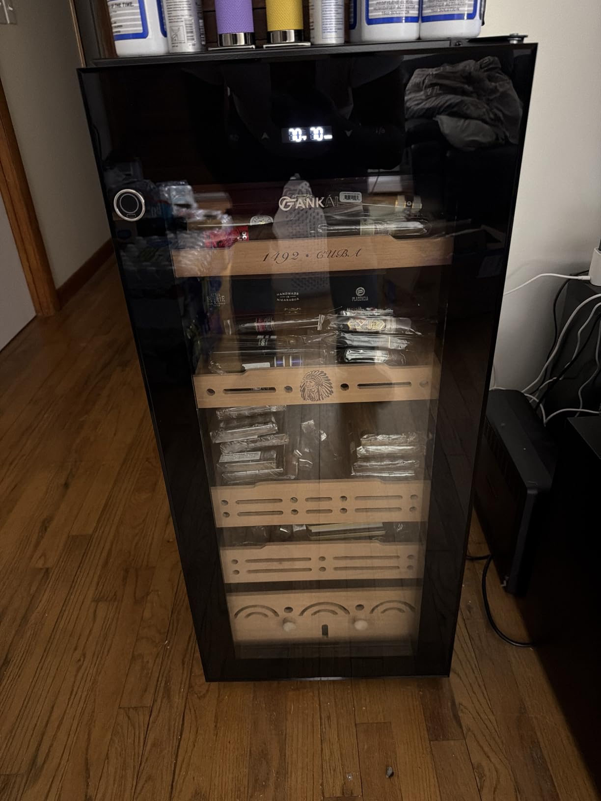 160L Electric Humidor with Thermostatic & Humidistatic Control System, Fingerprint Safety Lock, 5 Cedar Wood Trays, 2 Glass Cups for Cigar Flavoring, UV Blue Light, Cigar Cabinet for Commercial/Home customer photo 2