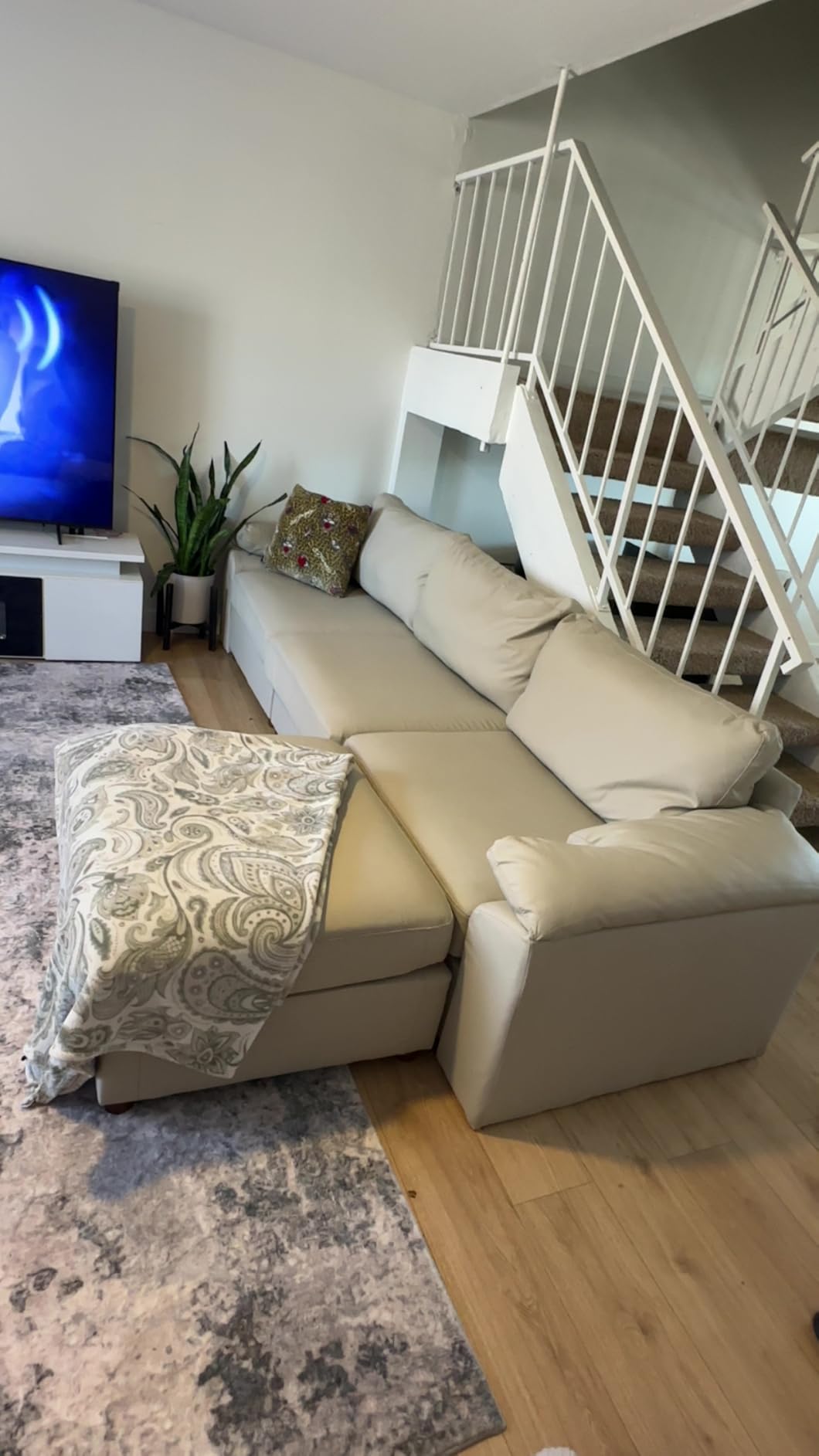 EASE MOOSE Oversized Modular Sectional Sofa,Leather Sectional Couch with Wide Deep Seat,Scratch Resistant Faux Leather Material,L Shaped Sofa for Big Spaces,Beige customer photo 2