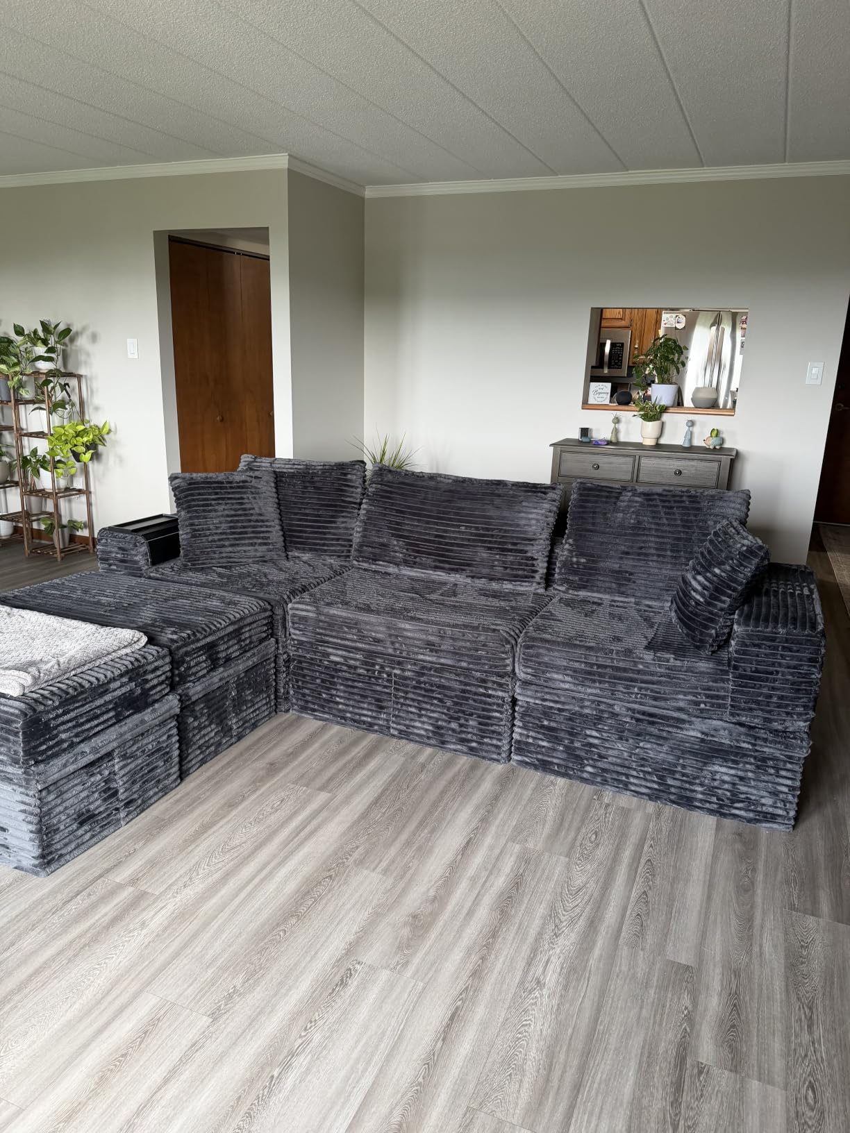 142'' Modular Sectional Sofa, Deep Seat Boneless Couch with Storage | Oversized High-Back for Living Room & RV | With Ottoman | High Density Foam & Corduroy | Tool-Free Assembly | Cozy Dark Gray customer photo 1